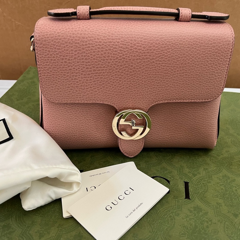 PREOWNED GUCCI Dollar Calfskin Interlocking G Top Handle Shoulder Bag Soft Pink.